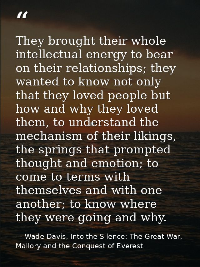 They brought their whole intellectual energy to bear on their relationships; they wanted to know not only that they love — Wade Davis, Into the Silence: The Great War, Mallory and the Conquest of Everest
