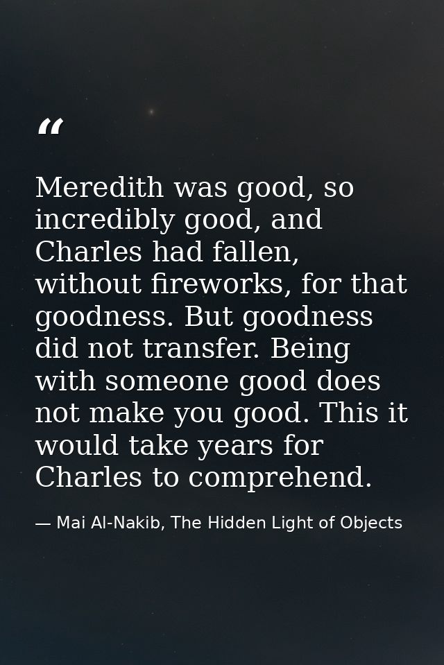 Meredith was good, so incredibly good, and Charles had fallen, without fireworks, for that goodness. But goodness did no — Mai Al-Nakib, The Hidden Light of Objects