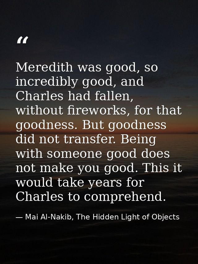 Meredith was good, so incredibly good, and Charles had fallen, without fireworks, for that goodness. But goodness did no — Mai Al-Nakib, The Hidden Light of Objects