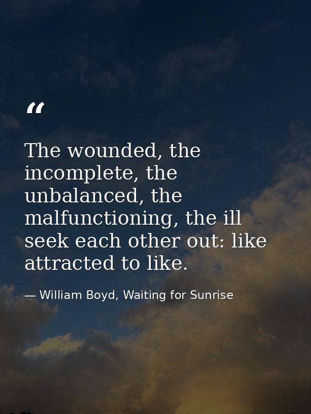 The wounded, the incomplete, the unbalanced, the malfunctioning, the ill seek each other out: like attracted to like. — William Boyd, Waiting for Sunrise