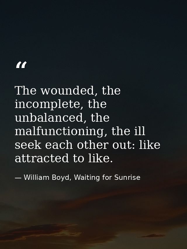 The wounded, the incomplete, the unbalanced, the malfunctioning, the ill seek each other out: like attracted to like. — William Boyd, Waiting for Sunrise