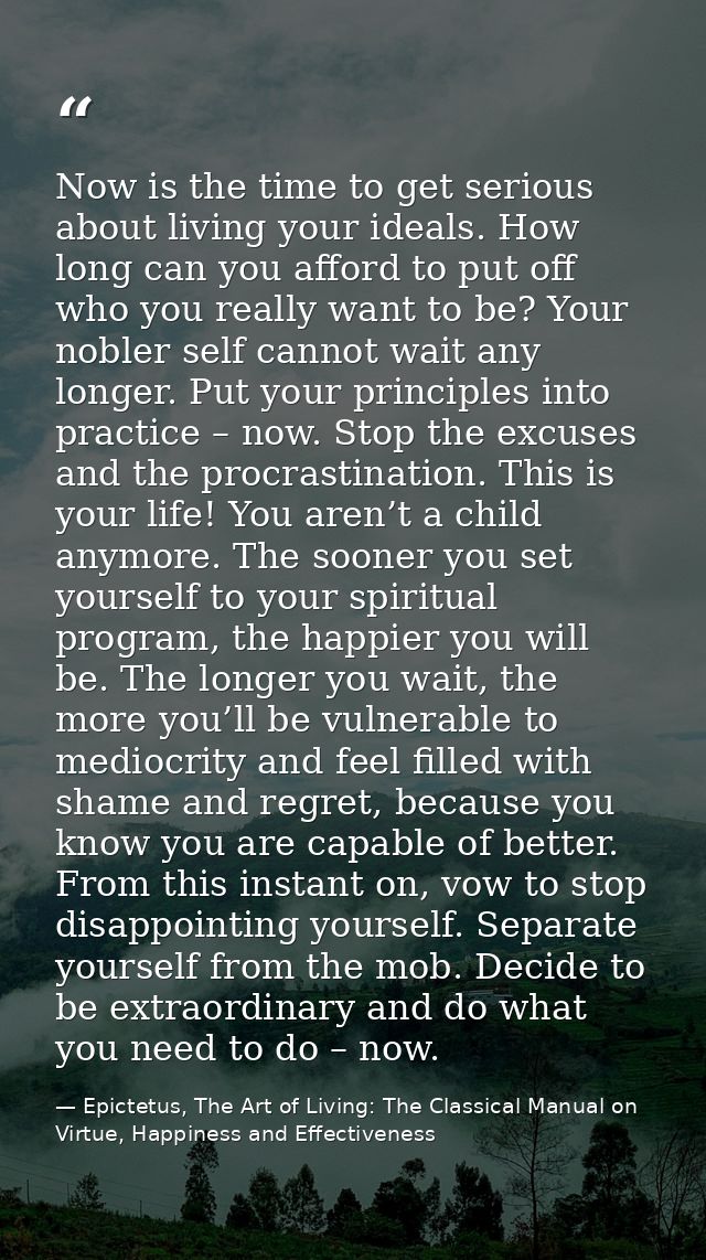 Now is the time to get serious about living your ideals. How long can you afford to put off who you really want to be? Y — Epictetus, The Art of Living: The Classical Manual on Virtue, Happiness and Effectiveness