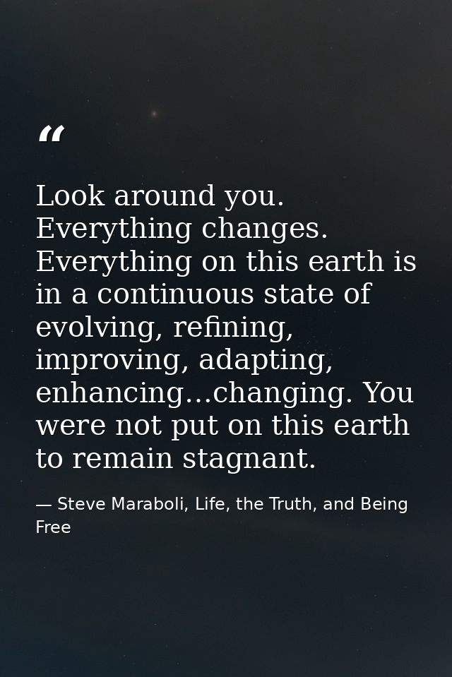 Look around you. Everything changes. Everything on this earth is in a continuous state of evolving, refining, improving, — Steve Maraboli, Life, the Truth, and Being Free
