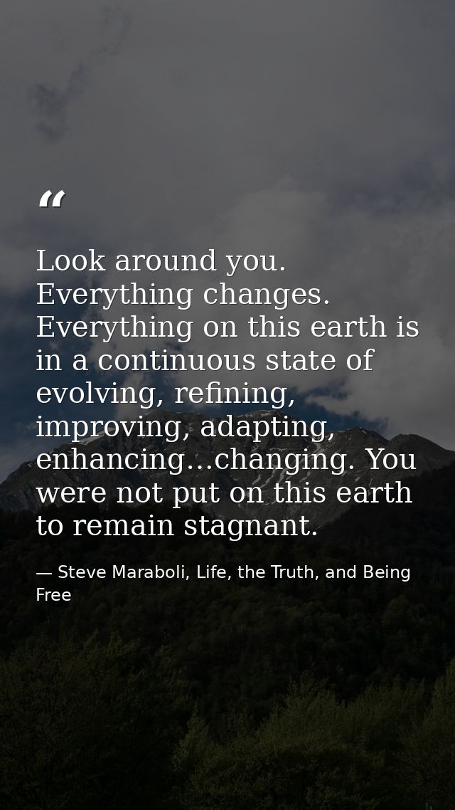 Look around you. Everything changes. Everything on this earth is in a continuous state of evolving, refining, improving, — Steve Maraboli, Life, the Truth, and Being Free
