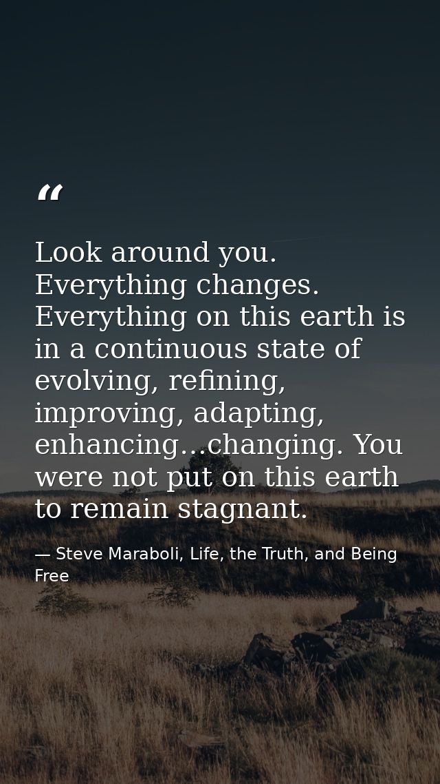 Look around you. Everything changes. Everything on this earth is in a continuous state of evolving, refining, improving, — Steve Maraboli, Life, the Truth, and Being Free