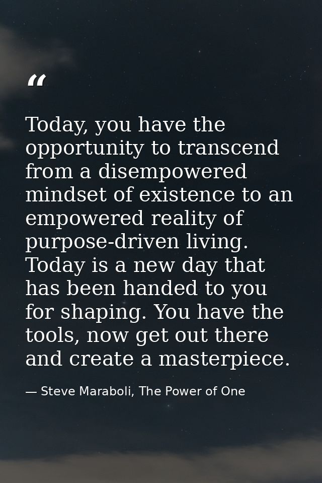 Today, you have the opportunity to transcend from a disempowered mindset of existence to an empowered reality of purpose — Steve Maraboli, The Power of One