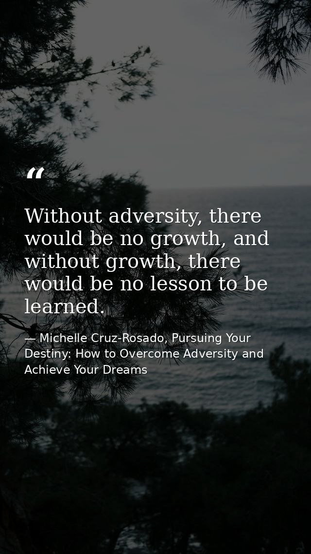 Without adversity, there would be no growth, and without growth, there would be no lesson to be learned. — Michelle Cruz-Rosado, Pursuing Your Destiny: How to Overcome Adversity and Achieve Your Dreams
