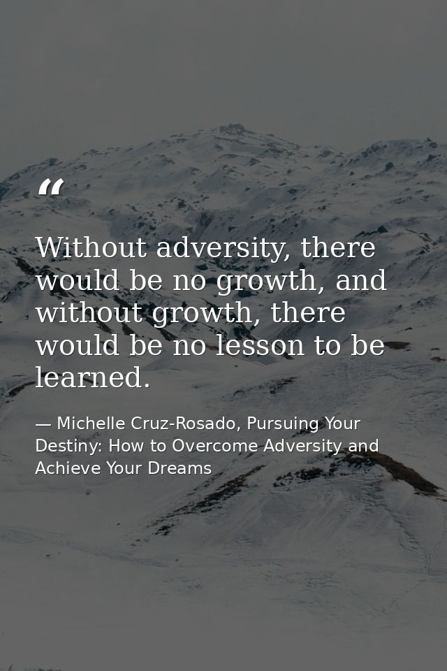 Without adversity, there would be no growth, and without growth, there would be no lesson to be learned. — Michelle Cruz-Rosado, Pursuing Your Destiny: How to Overcome Adversity and Achieve Your Dreams