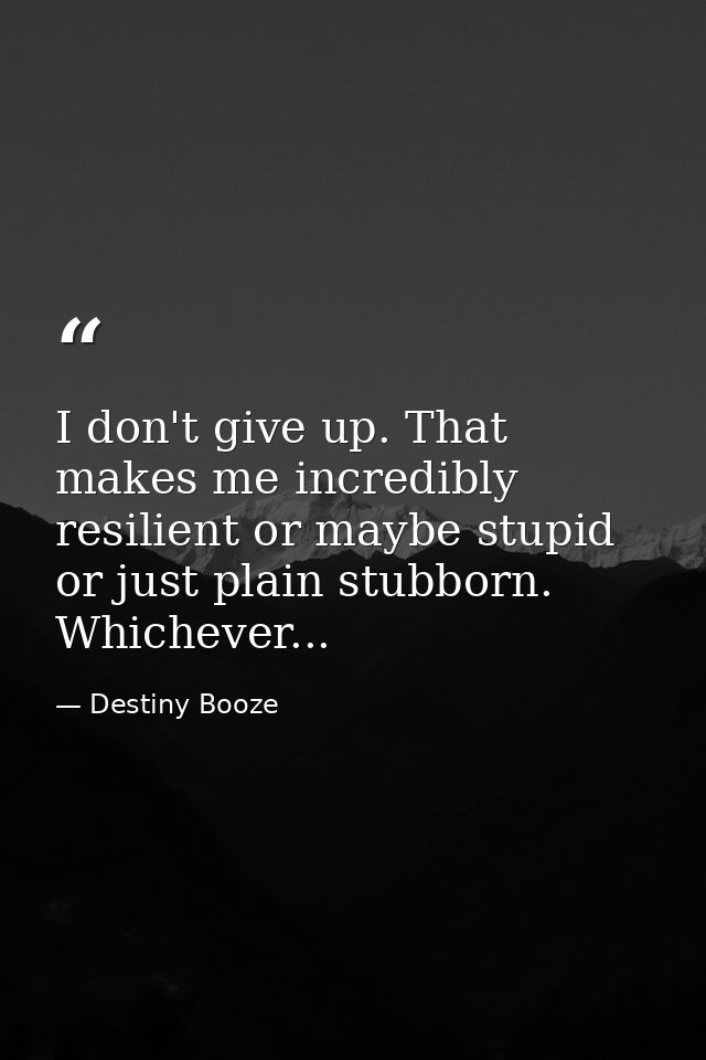 I don't give up. That makes me incredibly resilient or maybe stupid or just plain stubborn. Whichever... — Destiny Booze