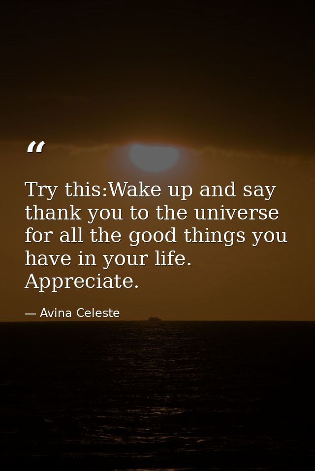 Try this:Wake up and say thank you to the universe for all the good things you have in your life. Appreciate. — Avina Celeste