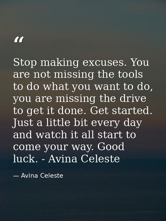Stop making excuses. You are not missing the tools to do what you want to do, you are missing the drive to get it done.  — Avina Celeste