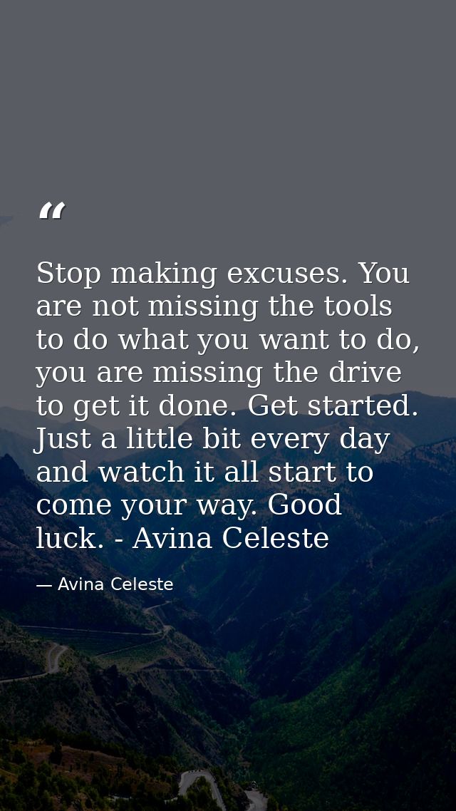 Stop making excuses. You are not missing the tools to do what you want to do, you are missing the drive to get it done.  — Avina Celeste