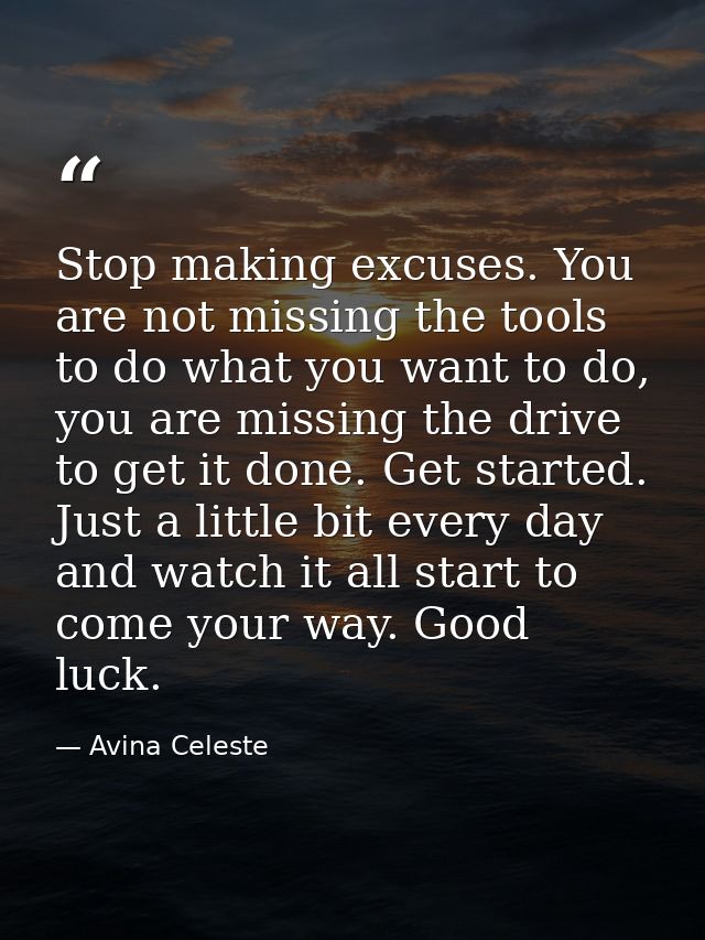 Stop making excuses. You are not missing the tools to do what you want to do, you are missing the drive to get it done.  — Avina Celeste