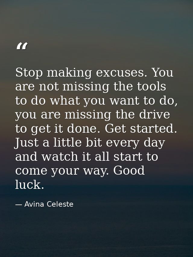 Stop making excuses. You are not missing the tools to do what you want to do, you are missing the drive to get it done.  — Avina Celeste