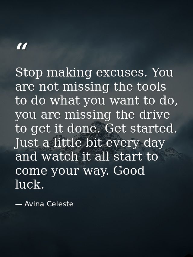 Stop making excuses. You are not missing the tools to do what you want to do, you are missing the drive to get it done.  — Avina Celeste