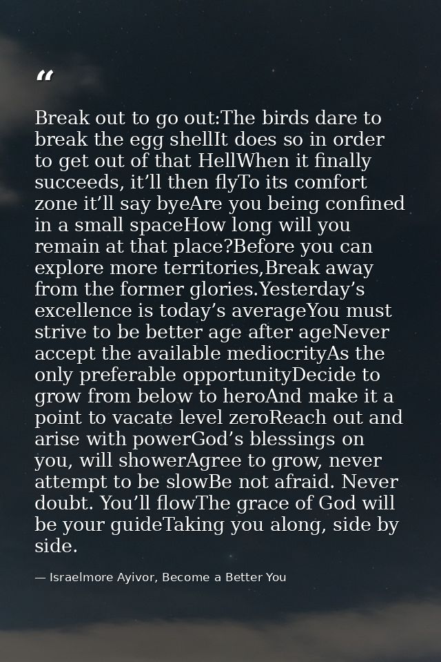 Break out to go out:The birds dare to break the egg shellIt does so in order to get out of that HellWhen it finally succ — Israelmore Ayivor, Become a Better You