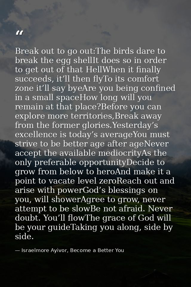 Break out to go out:The birds dare to break the egg shellIt does so in order to get out of that HellWhen it finally succ — Israelmore Ayivor, Become a Better You