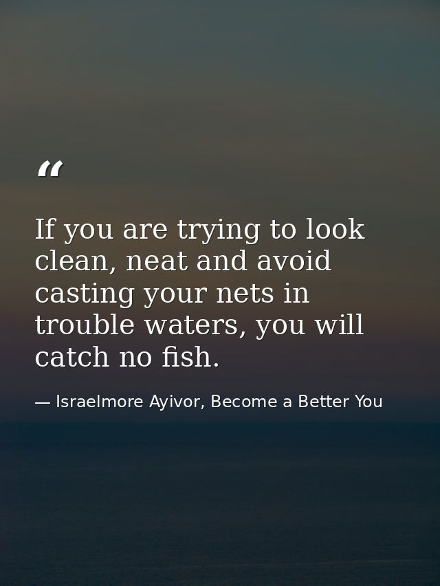 If you are trying to look clean, neat and avoid casting your nets in trouble waters, you will catch no fish. — Israelmore Ayivor, Become a Better You