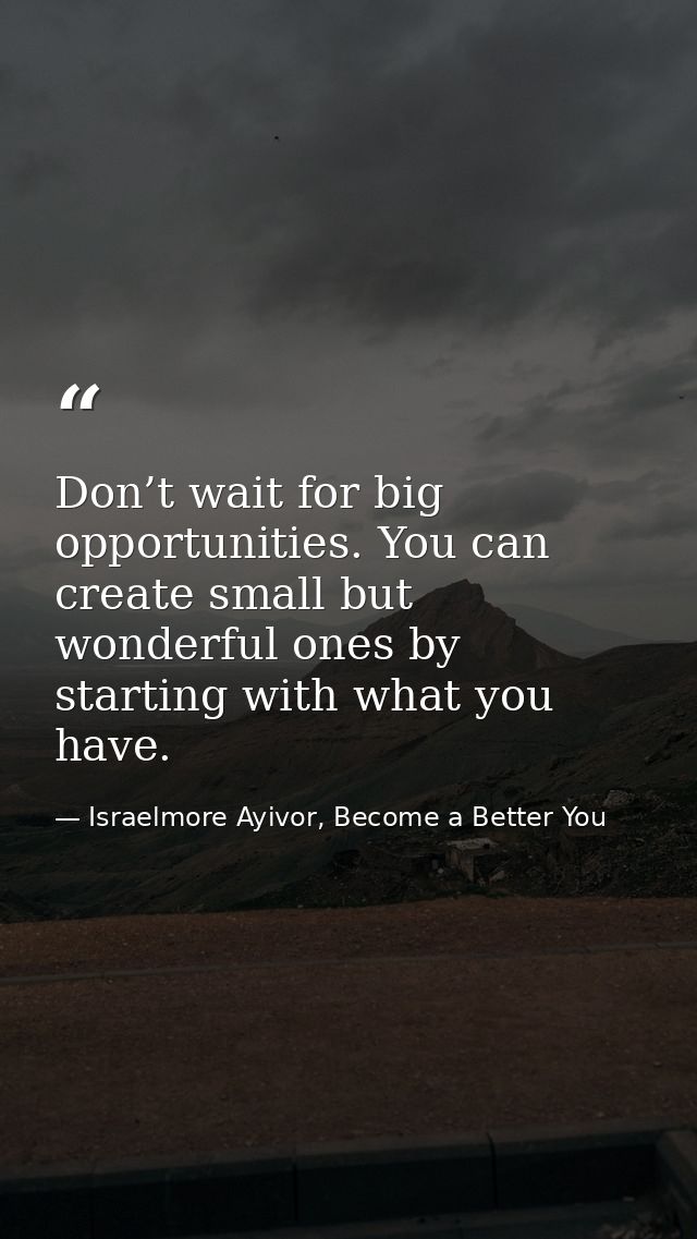 Don’t wait for big opportunities. You can create small but wonderful ones by starting with what you have. — Israelmore Ayivor, Become a Better You
