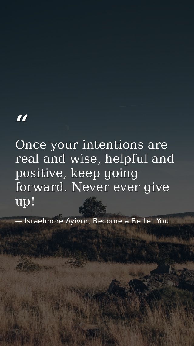 Once your intentions are real and wise, helpful and positive, keep going forward. Never ever give up! — Israelmore Ayivor, Become a Better You