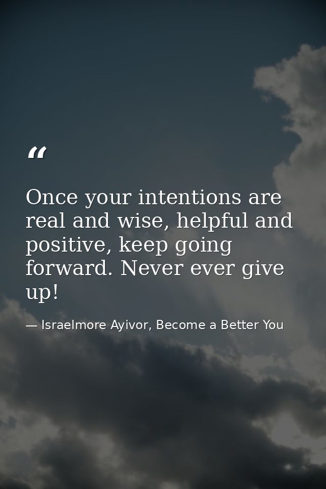 Once your intentions are real and wise, helpful and positive, keep going forward. Never ever give up! — Israelmore Ayivor, Become a Better You
