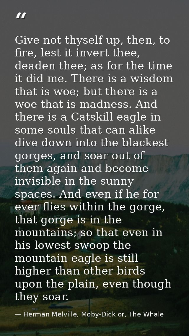Give not thyself up, then, to fire, lest it invert thee, deaden thee; as for the time it did me. There is a wisdom that  — Herman Melville, Moby-Dick or, The Whale