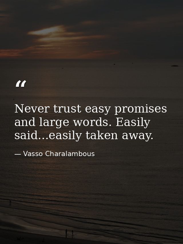 Never trust easy promises and large words. Easily said...easily taken away. — Vasso Charalambous