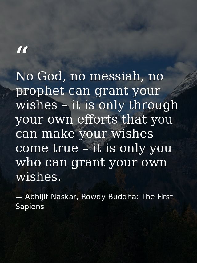 No God, no messiah, no prophet can grant your wishes – it is only through your own efforts that you can make your wishes — Abhijit Naskar, Rowdy Buddha: The First Sapiens