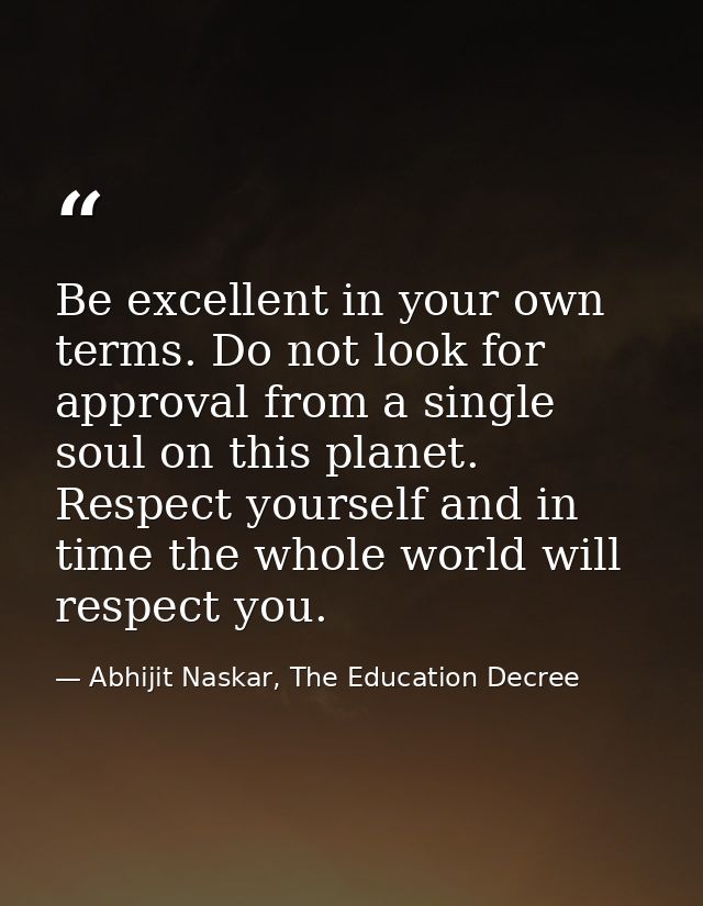 Be excellent in your own terms. Do not look for approval from a single soul on this planet. Respect yourself and in time — Abhijit Naskar, The Education Decree