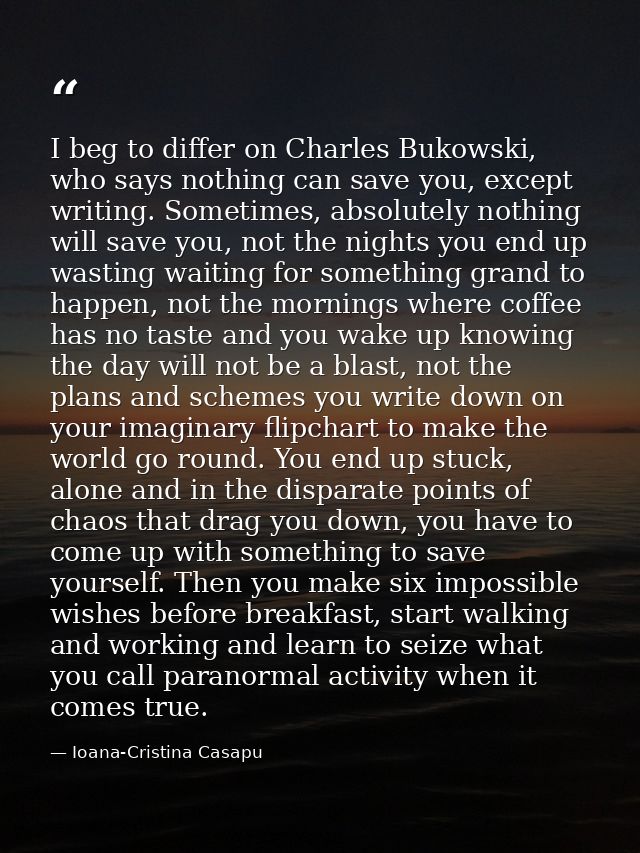 I beg to differ on Charles Bukowski, who says nothing can save you, except writing. Sometimes, absolutely nothing will s — Ioana-Cristina Casapu