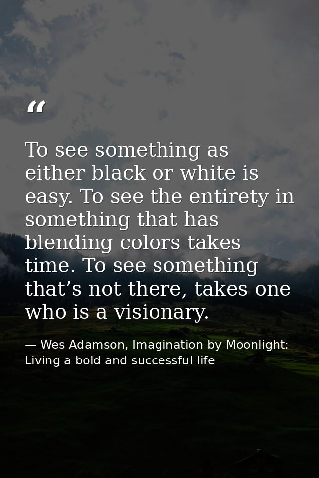 To see something as either black or white is easy. To see the entirety in something that has blending colors takes time. — Wes Adamson, Imagination by Moonlight: Living a bold and successful life