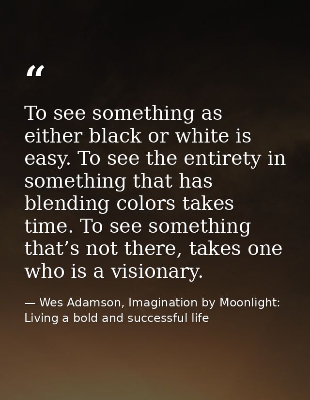 To see something as either black or white is easy. To see the entirety in something that has blending colors takes time. — Wes Adamson, Imagination by Moonlight: Living a bold and successful life