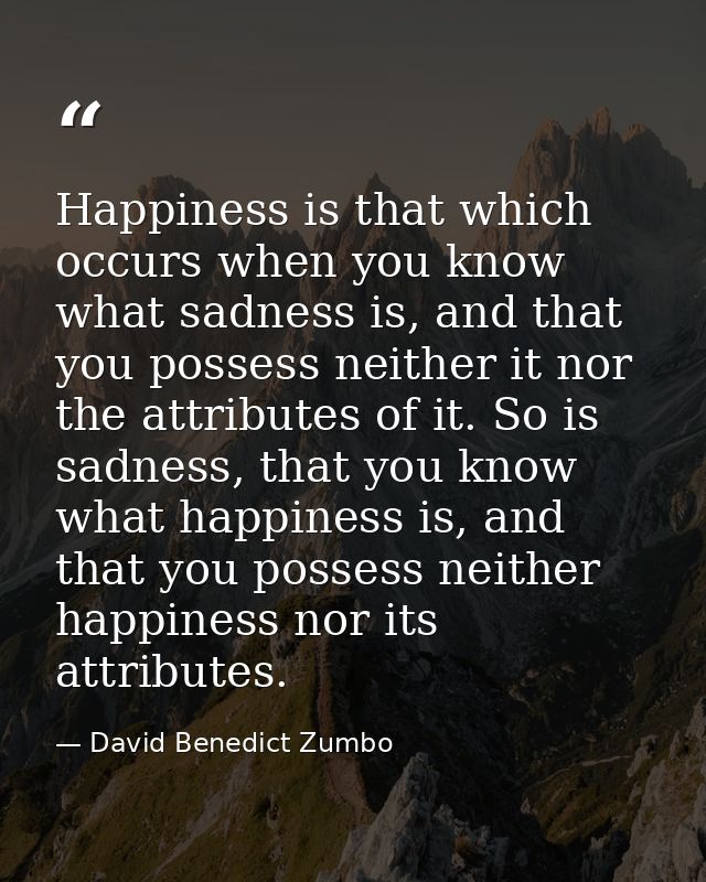 Happiness is that which occurs when you know what sadness is, and that you possess neither it nor the attributes of it.  — David Benedict Zumbo