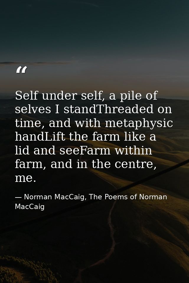 Self under self, a pile of selves I standThreaded on time, and with metaphysic handLift the farm like a lid and seeFarm  — Norman MacCaig, The Poems of Norman MacCaig