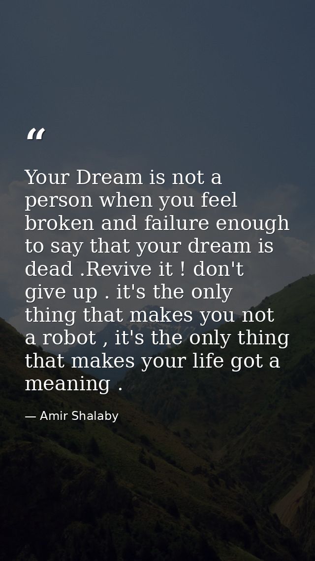 Your Dream is not a person when you feel broken and failure enough to say that your dream is dead .Revive it ! don't giv — Amir Shalaby