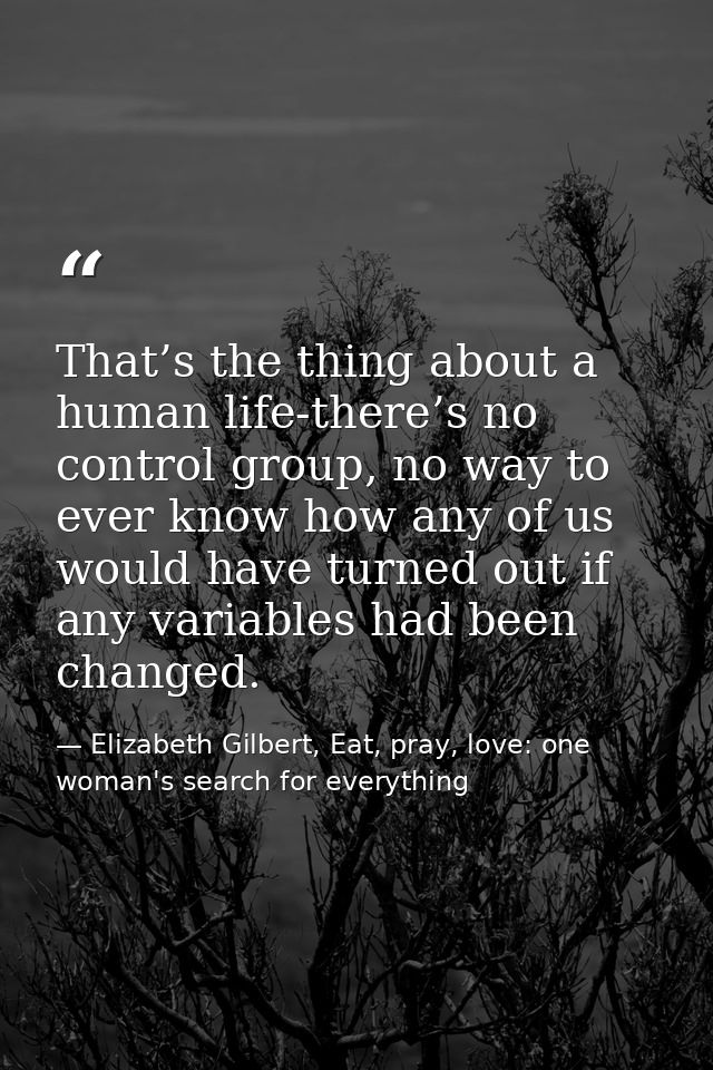 That’s the thing about a human life-there’s no control group, no way to ever know how any of us would have turned out if — Elizabeth Gilbert, Eat, pray, love: one woman's search for everything