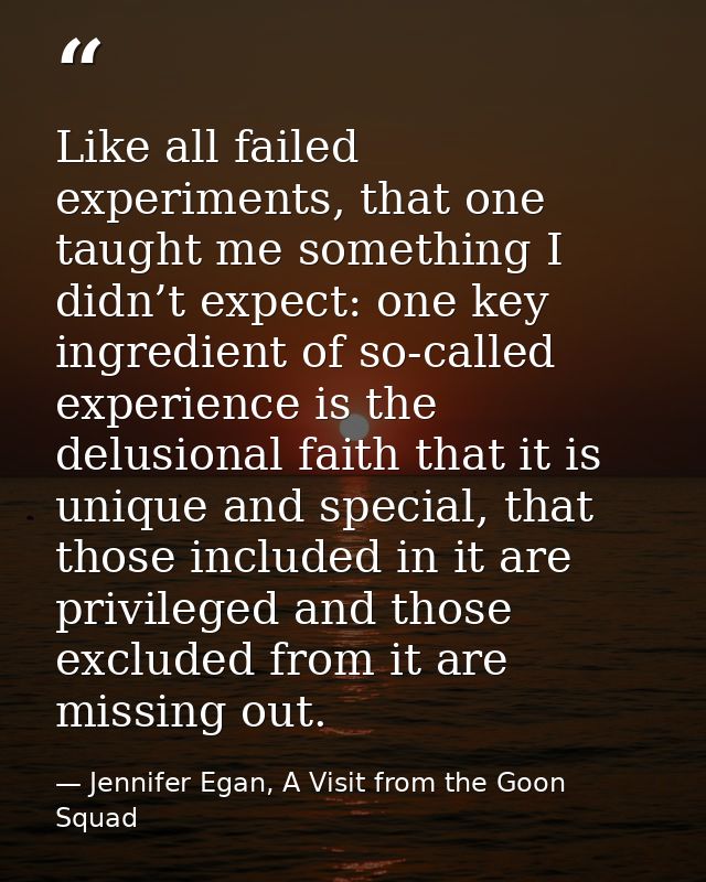 Like all failed experiments, that one taught me something I didn’t expect: one key ingredient of so-called experience is — Jennifer Egan, A Visit from the Goon Squad