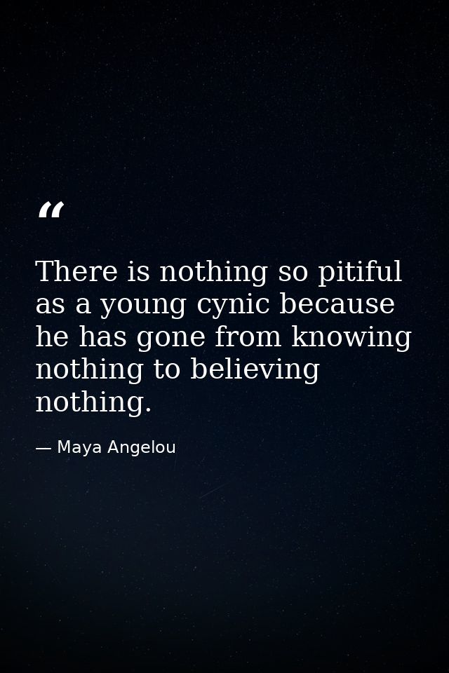 There is nothing so pitiful as a young cynic because he has gone from knowing nothing to believing nothing. — Maya Angelou