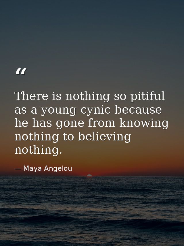 There is nothing so pitiful as a young cynic because he has gone from knowing nothing to believing nothing. — Maya Angelou