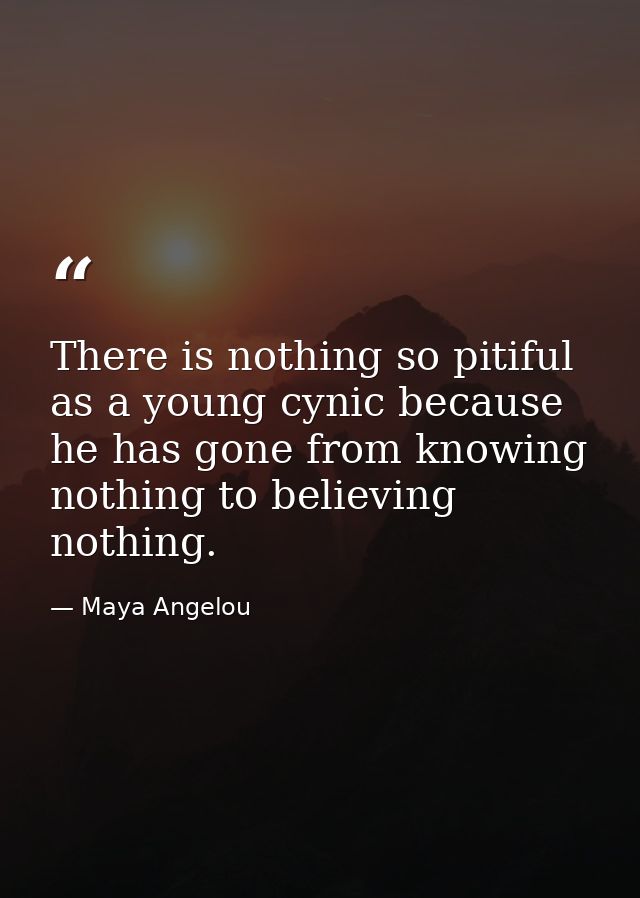 There is nothing so pitiful as a young cynic because he has gone from knowing nothing to believing nothing. — Maya Angelou
