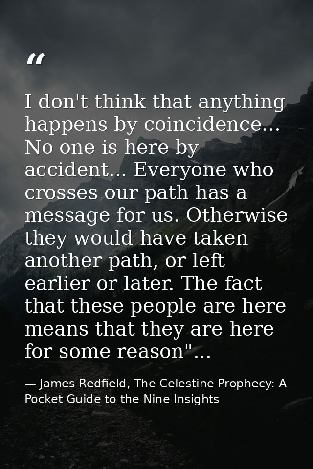 I don't think that anything happens by coincidence... No one is here by accident... Everyone who crosses our path has a  — James Redfield, The Celestine Prophecy: A Pocket Guide to the Nine Insights