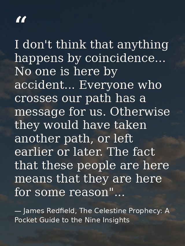 I don't think that anything happens by coincidence... No one is here by accident... Everyone who crosses our path has a  — James Redfield, The Celestine Prophecy: A Pocket Guide to the Nine Insights