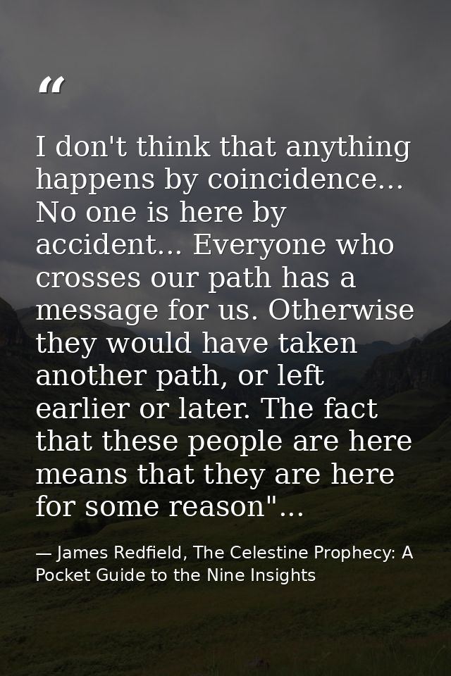 I don't think that anything happens by coincidence... No one is here by accident... Everyone who crosses our path has a  — James Redfield, The Celestine Prophecy: A Pocket Guide to the Nine Insights