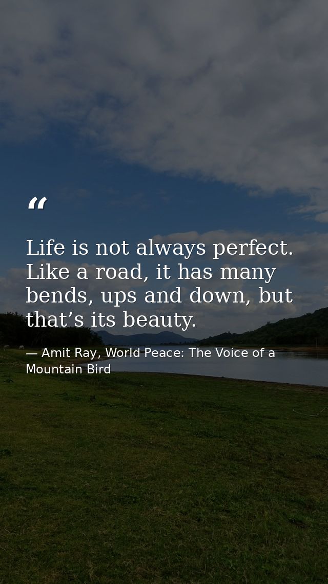 Life is not always perfect. Like a road, it has many bends, ups and down, but that’s its beauty. — Amit Ray, World Peace: The Voice of a Mountain Bird