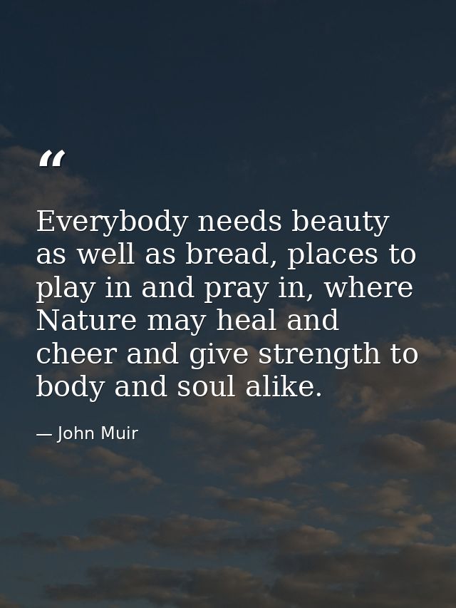 Everybody needs beauty as well as bread, places to play in and pray in, where Nature may heal and cheer and give strengt — John Muir