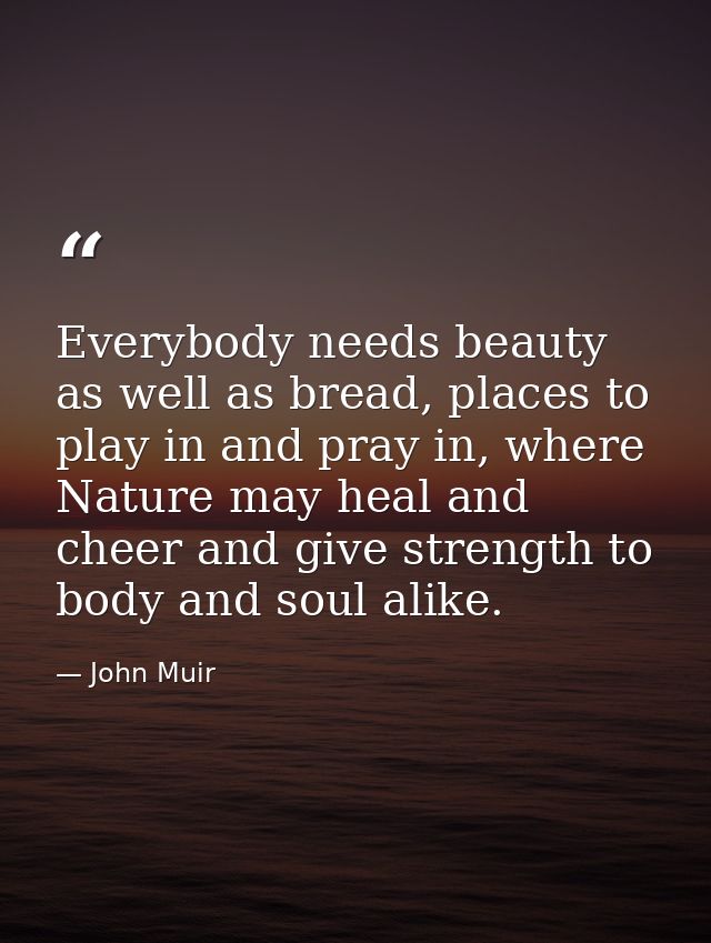Everybody needs beauty as well as bread, places to play in and pray in, where Nature may heal and cheer and give strengt — John Muir