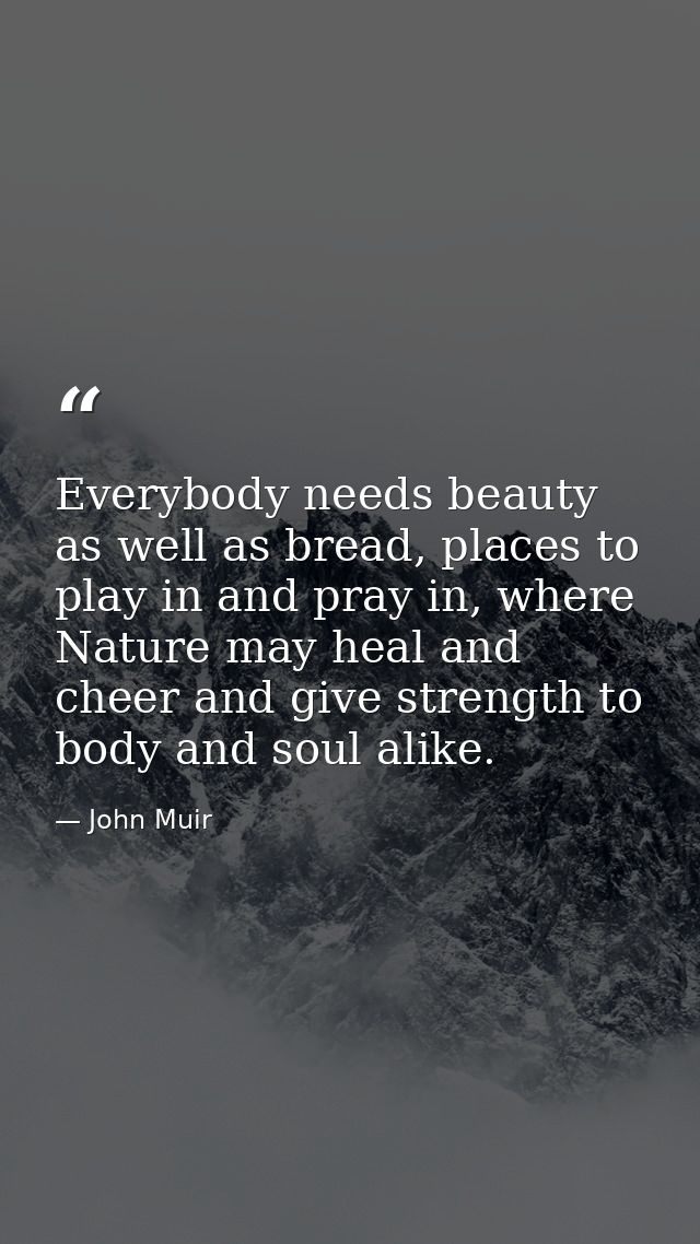 Everybody needs beauty as well as bread, places to play in and pray in, where Nature may heal and cheer and give strengt — John Muir
