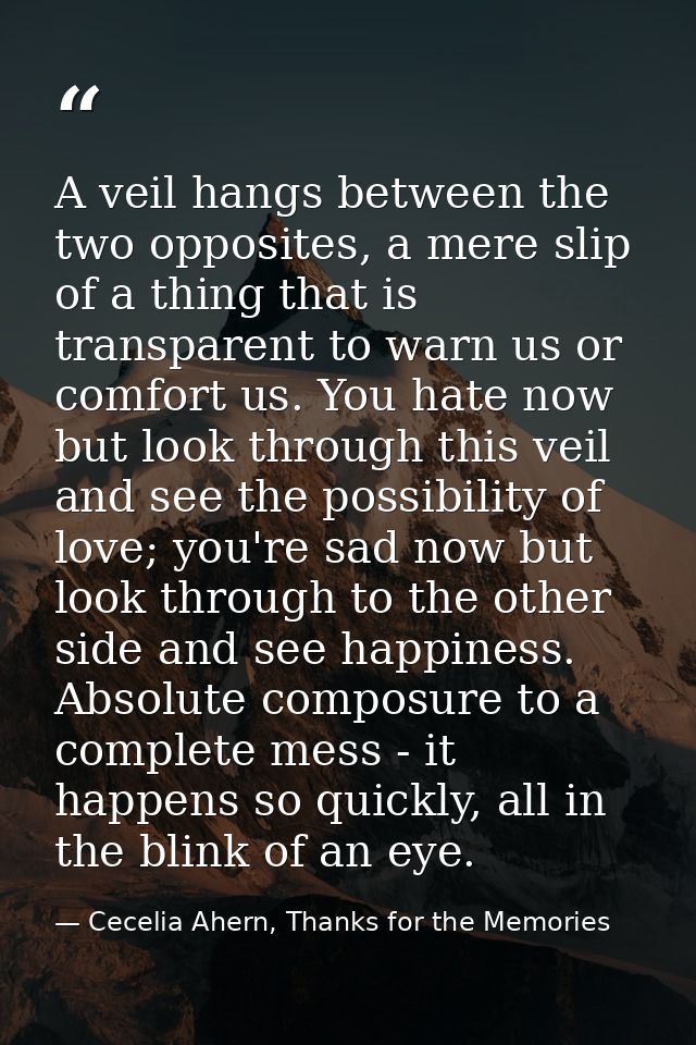 A veil hangs between the two opposites, a mere slip of a thing that is transparent to warn us or comfort us. You hate no — Cecelia Ahern, Thanks for the Memories