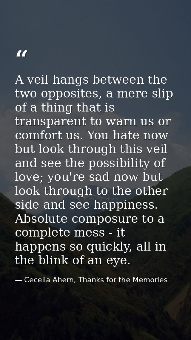 A veil hangs between the two opposites, a mere slip of a thing that is transparent to warn us or comfort us. You hate no — Cecelia Ahern, Thanks for the Memories