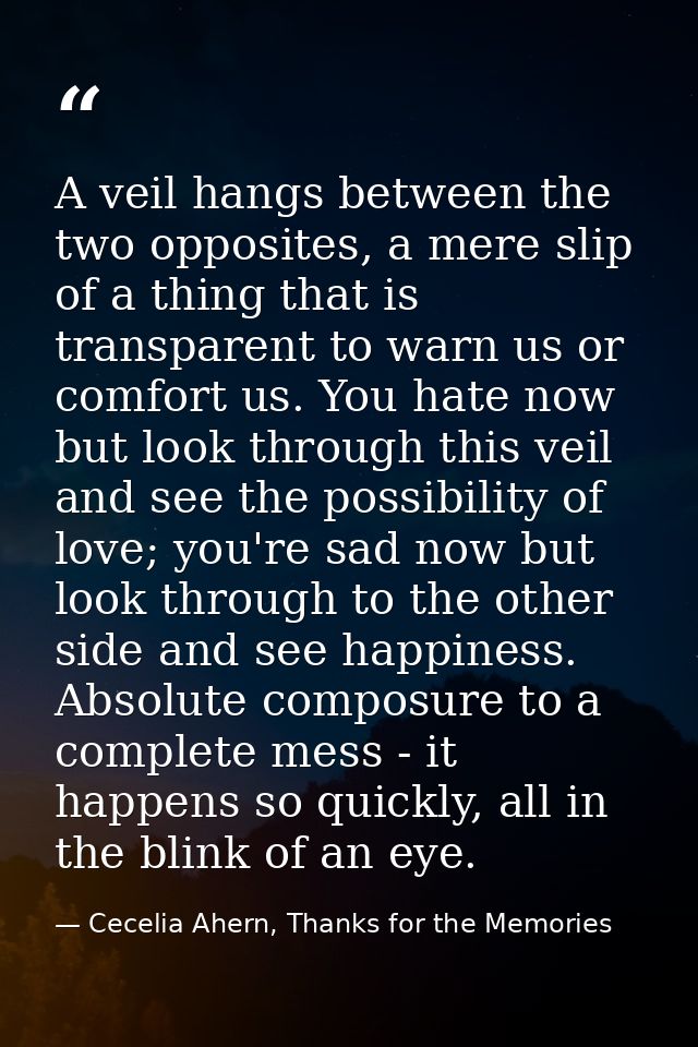 A veil hangs between the two opposites, a mere slip of a thing that is transparent to warn us or comfort us. You hate no — Cecelia Ahern, Thanks for the Memories